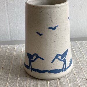 Vintage Sanibel Pottery Stoneware Vase Blue Seagulls and Sandpipers Made In USA